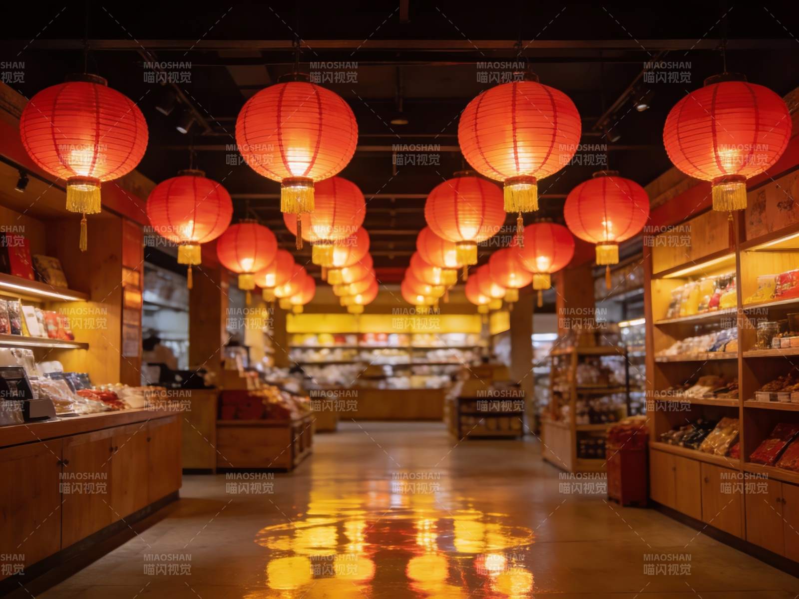 红灯笼装饰的中式店铺走廊图片