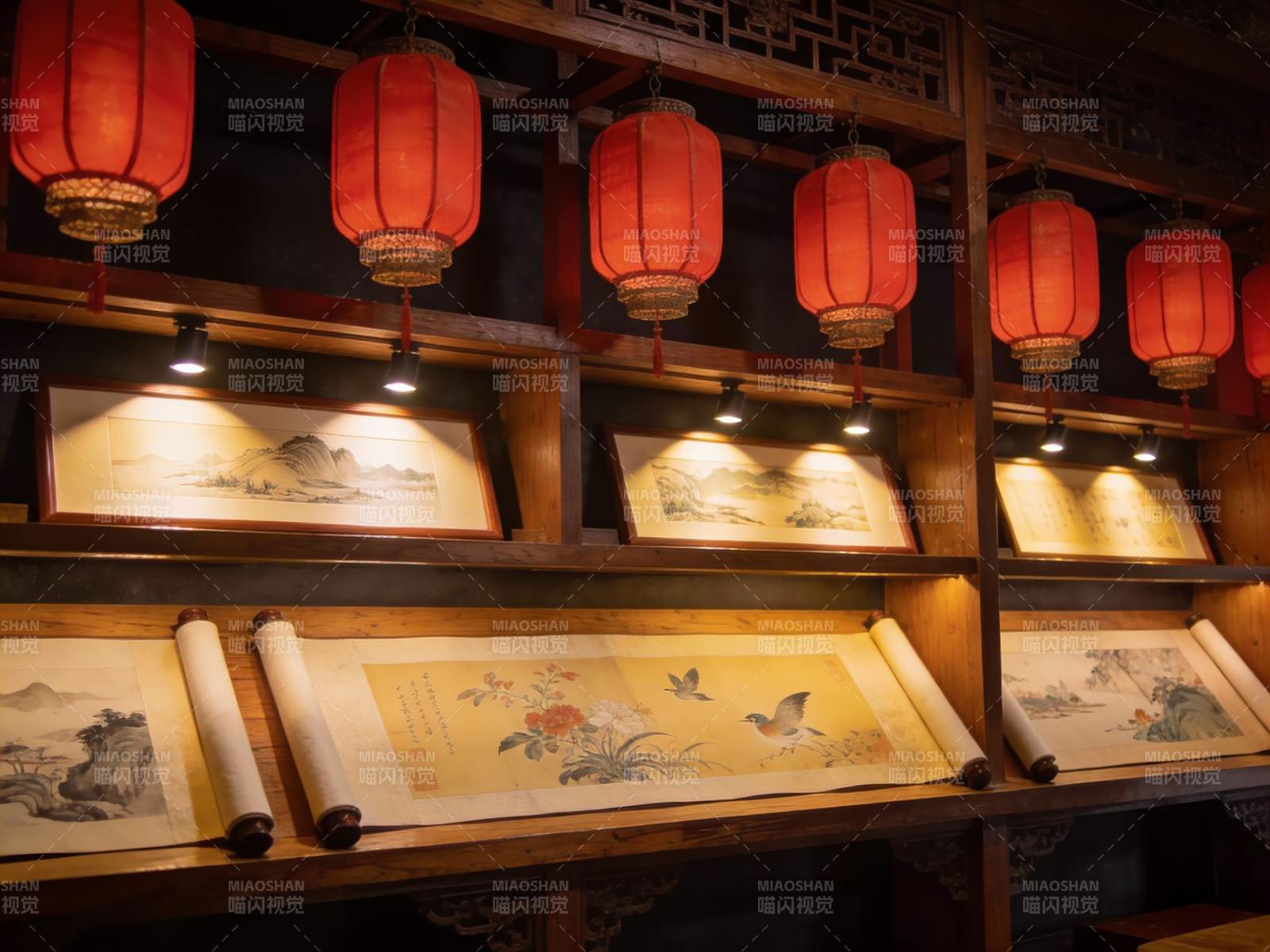 古色古香展厅挂灯笼画卷图片