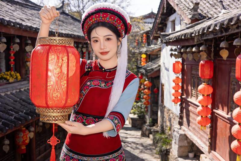 身着民族服饰女子手持红灯笼图片