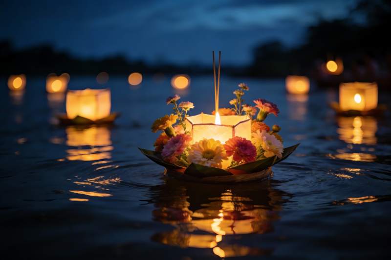 夜色中花灯漂浮水面祈福图片