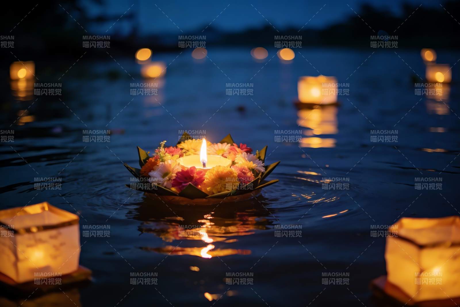 夜色中花灯漂浮水面图片