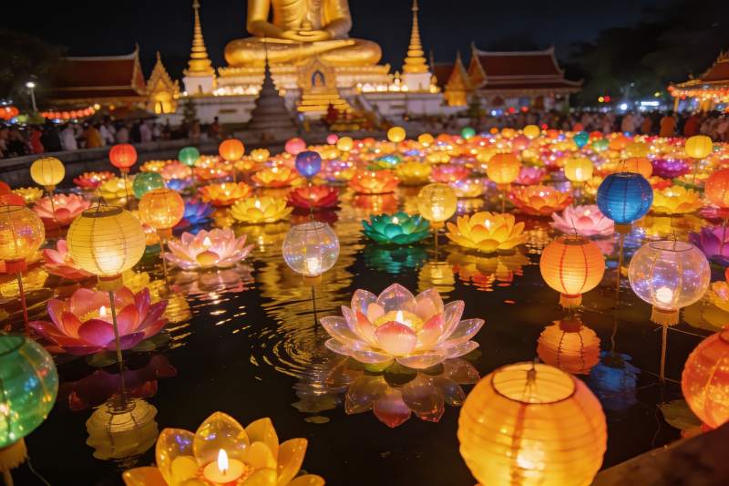 夜色中莲花灯映照佛寺图片