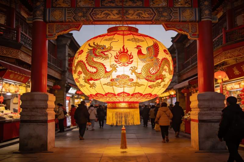 古街夜景龙凤灯笼高挂图片