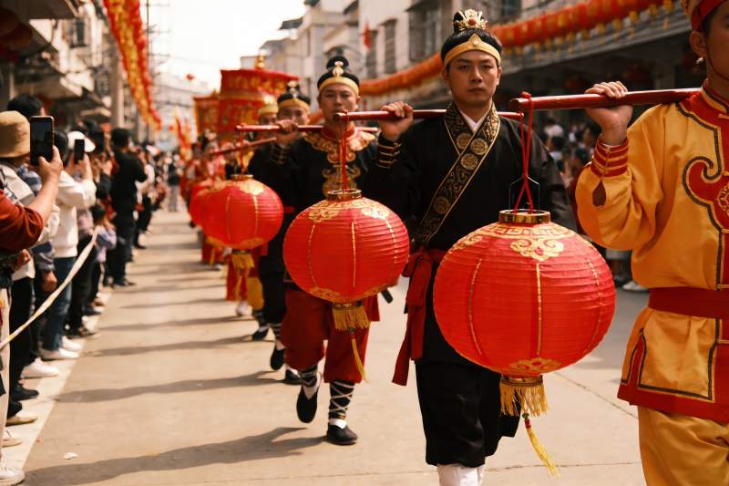 身着古装者抬红灯笼游街图片