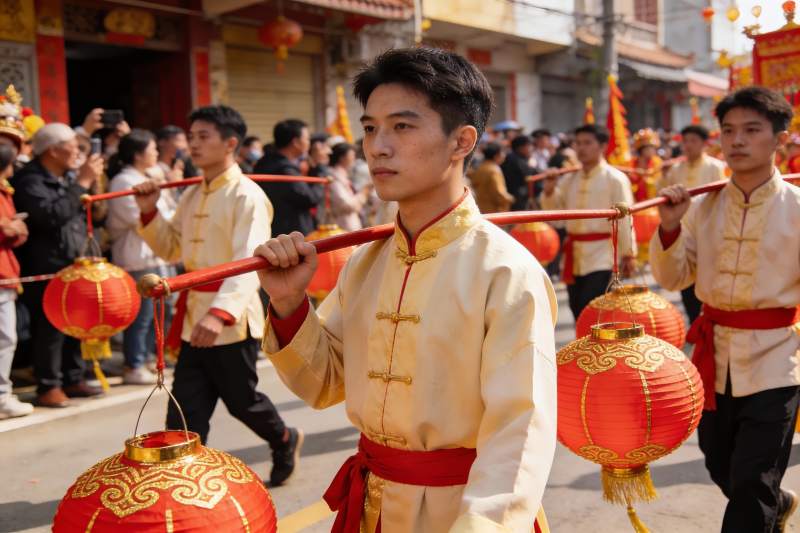 青年身着传统服饰抬红灯笼游行图片