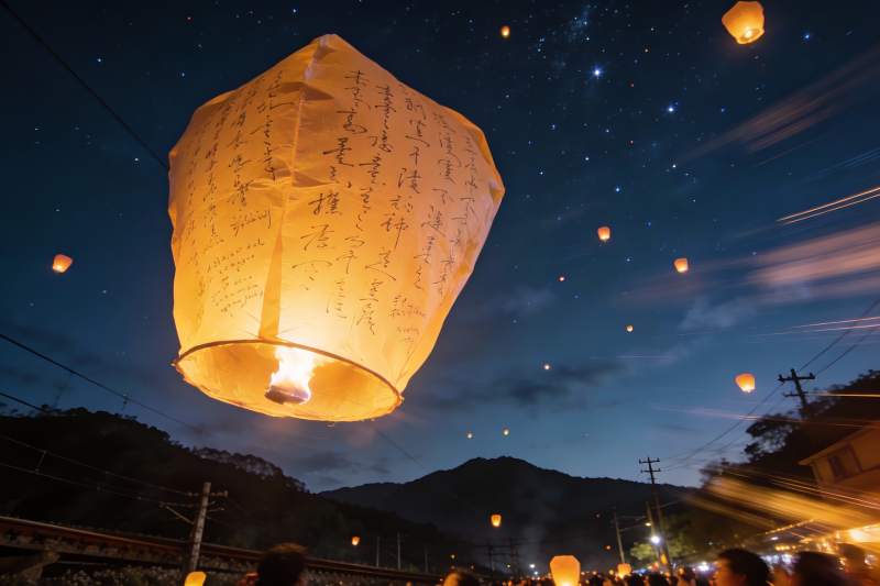 夜空孔明灯祈福图片