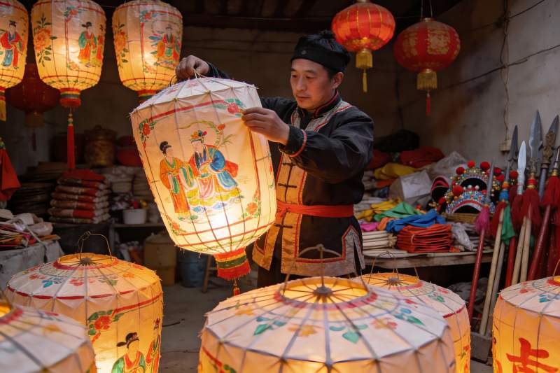 男子制作传统彩绘灯笼场景图片