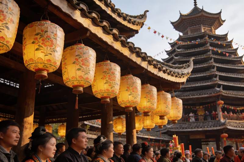 古建筑前挂灯笼人群聚集图片