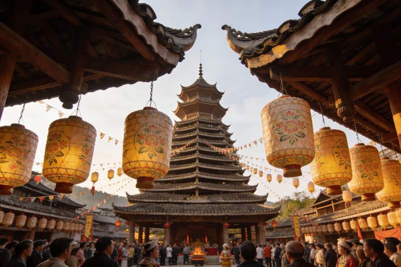 古建筑前挂灯笼人群聚集图片