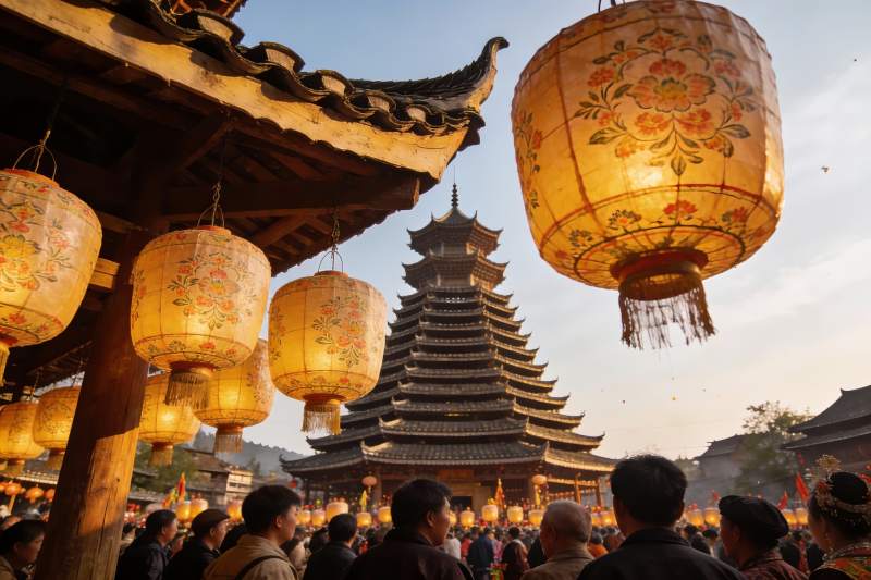 古塔前灯笼高挂人群熙攘图片