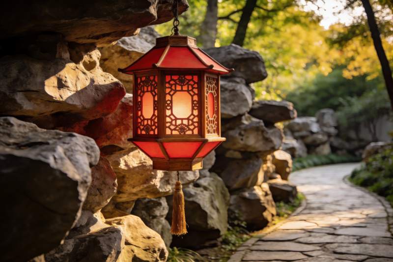 古风灯笼映石径图片