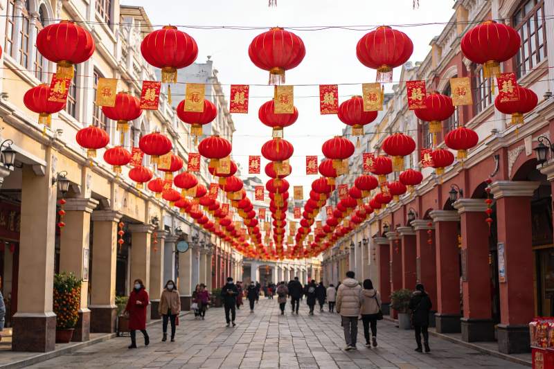 红灯笼装饰的街道行人图片