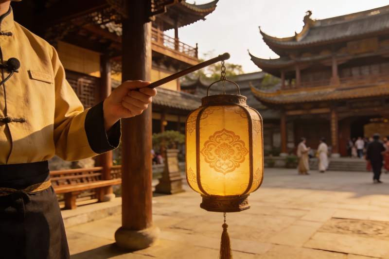 古建筑庭院中手持灯笼的场景图片