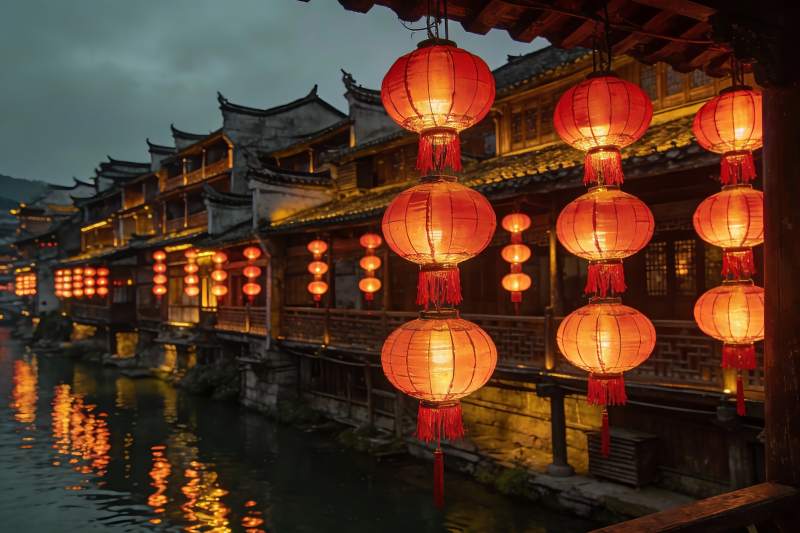 古街夜景红灯笼高挂图片