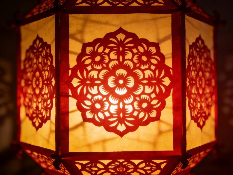 点亮的红色剪纸灯笼图片