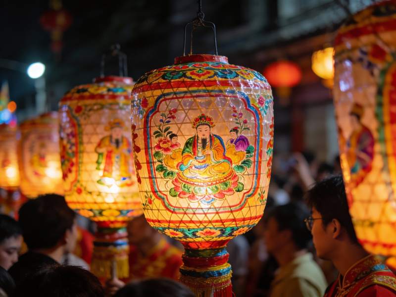 夜市彩灯映衬人群热闹场景图片