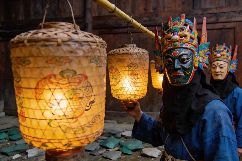 传统面具与灯笼的民俗场景图片