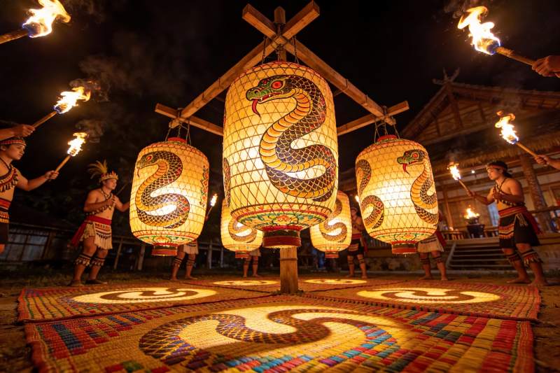 夜幕下蛇形灯笼与火把表演图片