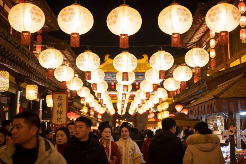 夜市灯笼高挂人群熙攘图片