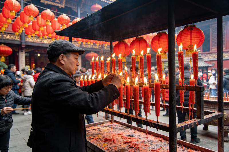 古庙前众人点燃红蜡烛祈福图片