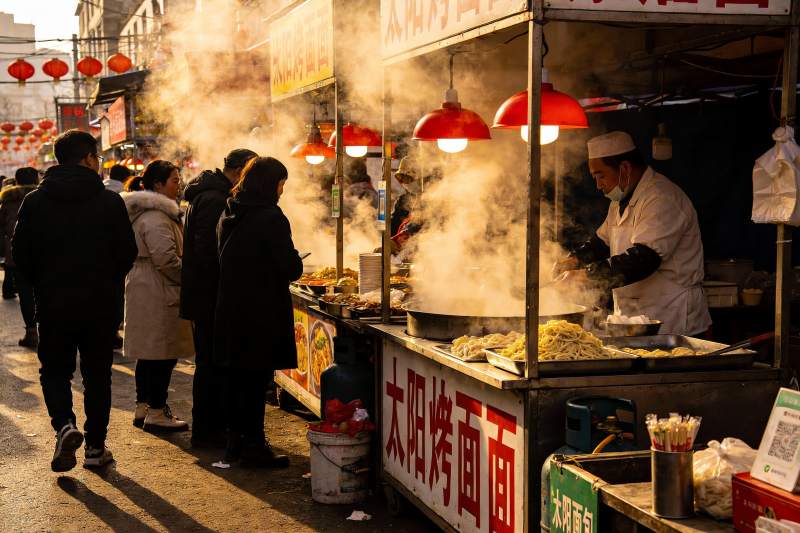 街头美食摊位热闹场景图片