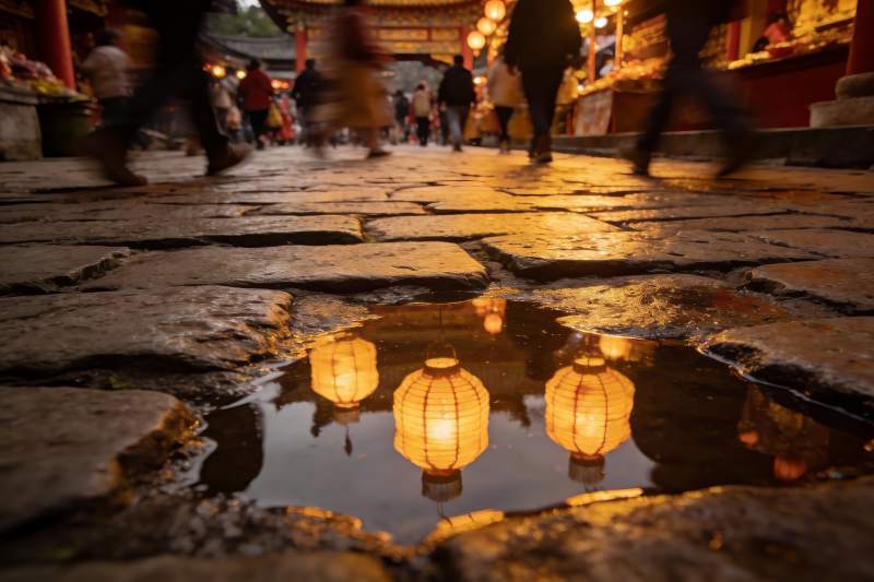 古街夜景灯笼倒影行人图片