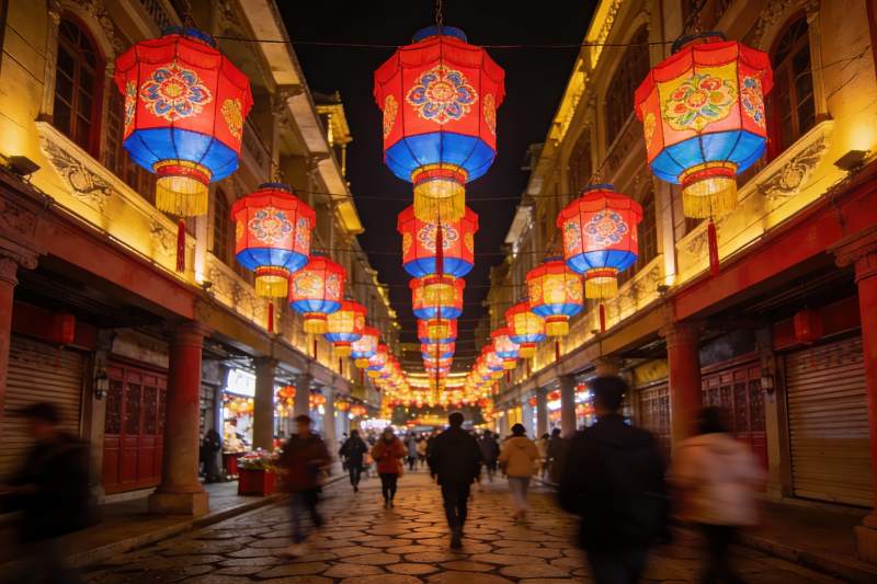 夜市灯笼高挂行人穿梭图片