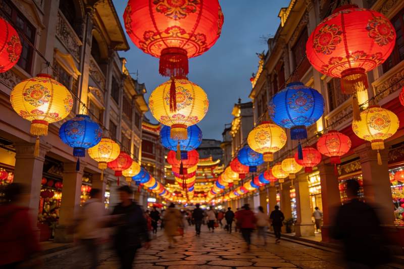 夜市灯笼高挂游人如织图片