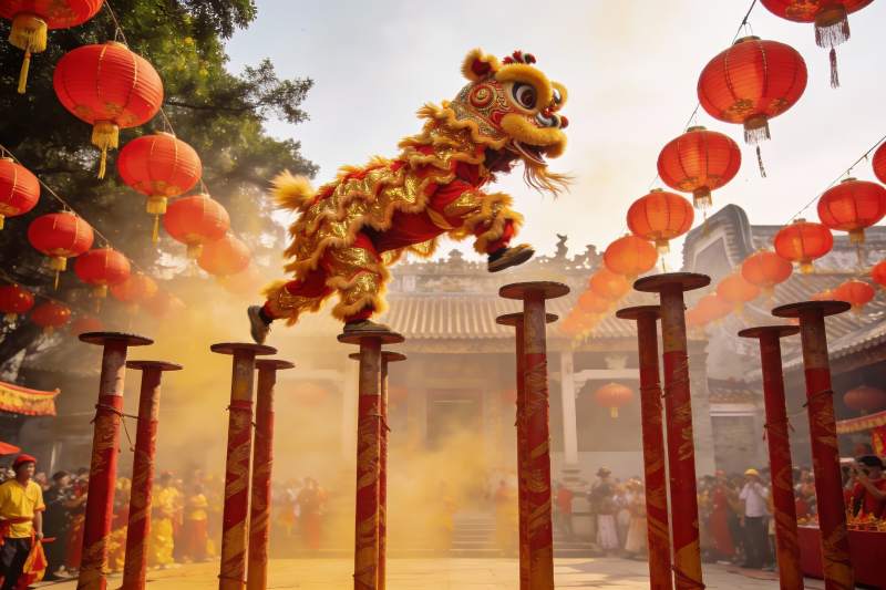 舞狮表演跃杆庆祝节日图片