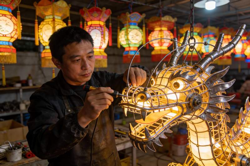 工匠制作龙形灯笼图片
