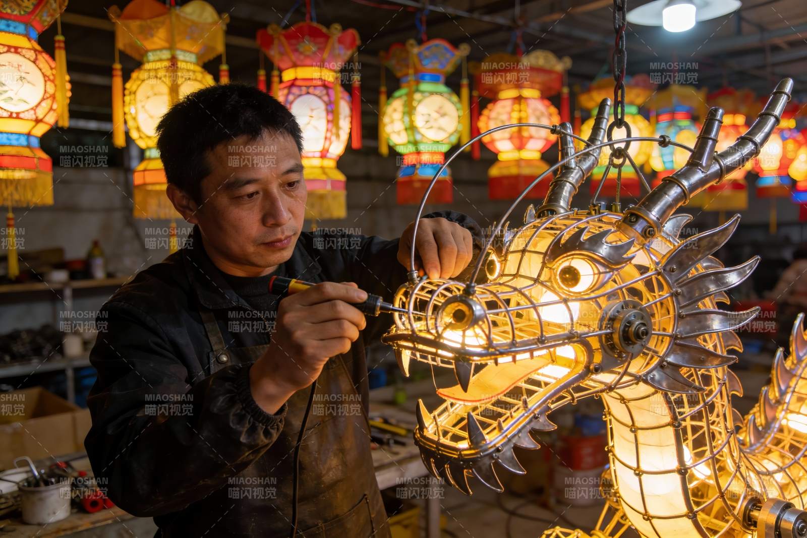工匠制作龙形灯笼图片