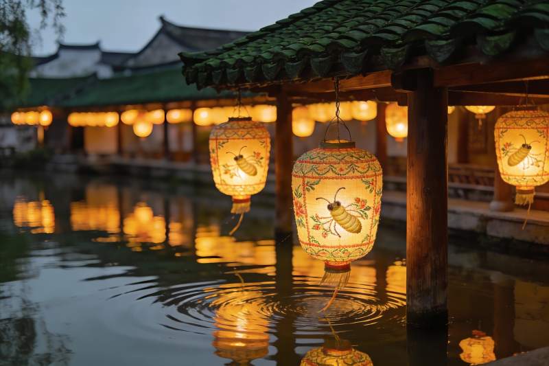 古建筑水边夜景灯笼图片