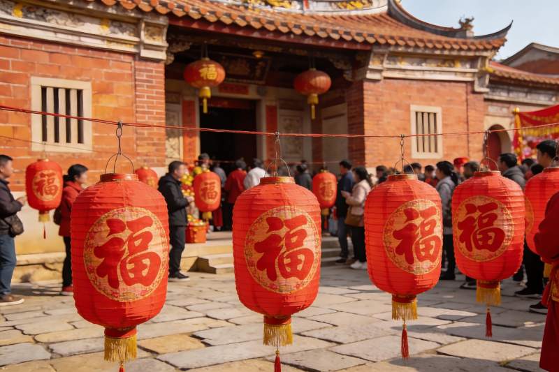 红灯笼装饰的传统建筑前人群图片