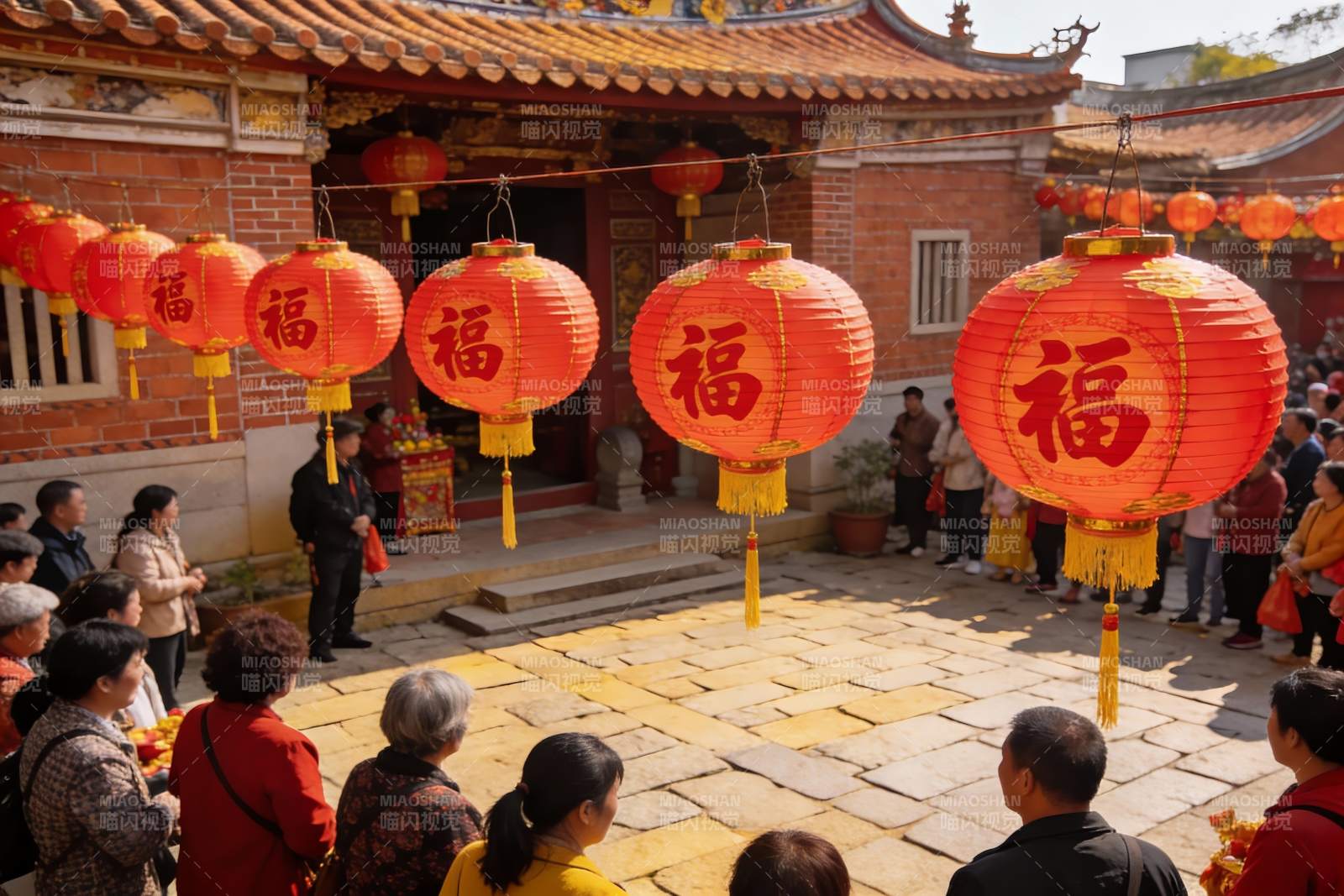 古建筑前挂红灯笼祈福人群图片