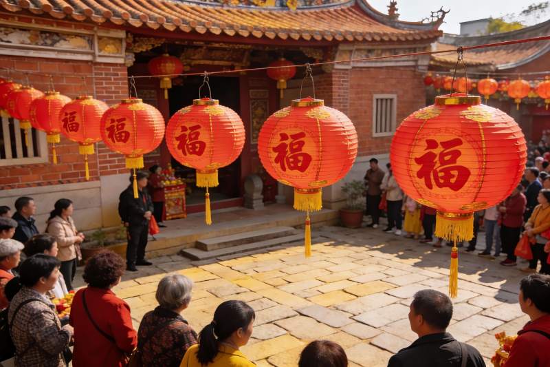 古建筑前挂红灯笼祈福人群图片