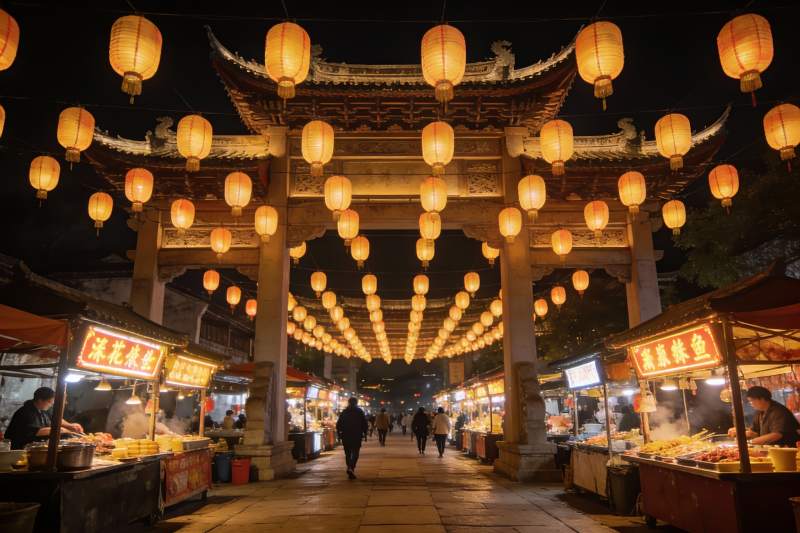 夜市灯笼高挂行人穿梭图片