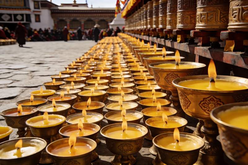 寺庙前排列整齐的酥油灯图片