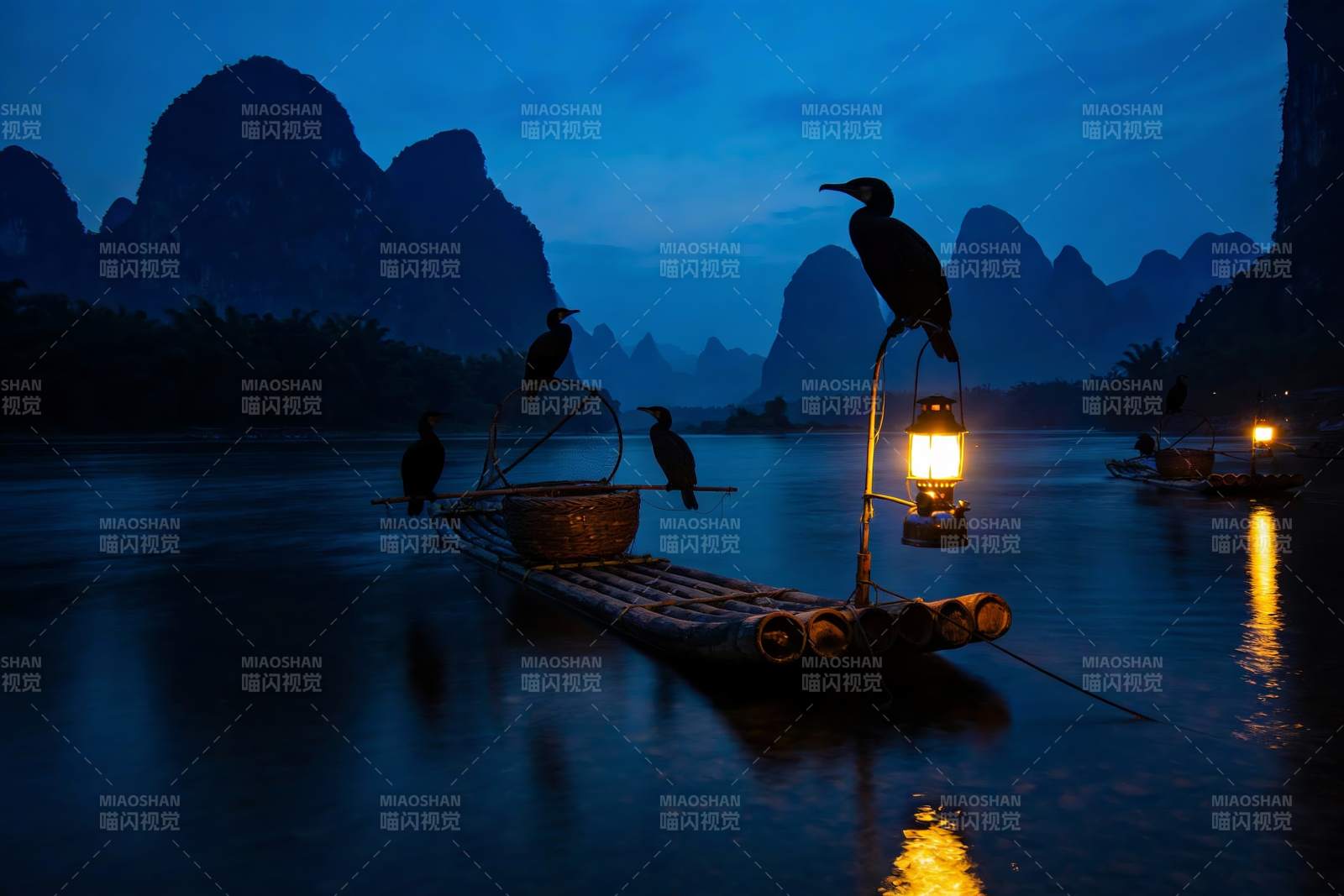 夜色江上竹筏鸬鹚栖息图片