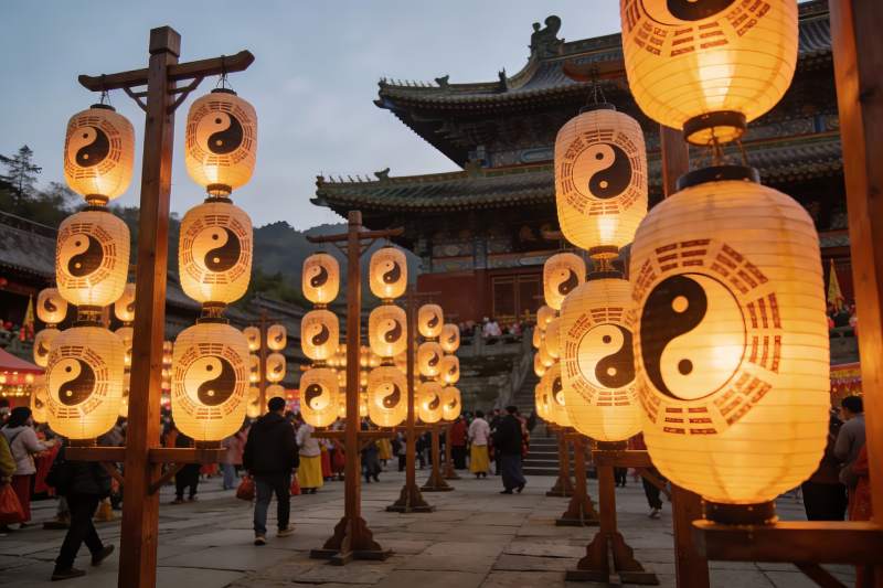 古建筑前灯笼夜景游人如织图片