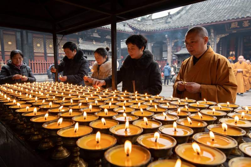 寺庙烛光祈福仪式图片