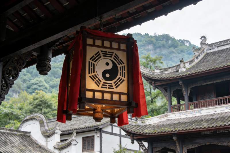 古建筑灯笼映山景图片