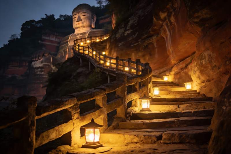 夜色中石阶通向巨大佛像图片