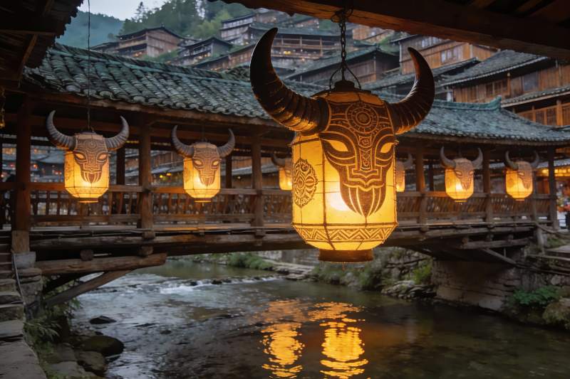 古桥夜景牛头灯笼映河图片