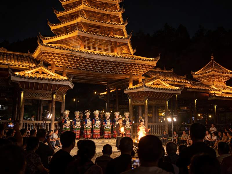 夜幕下传统建筑前的民俗表演图片