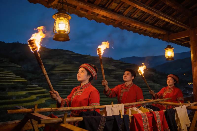 身着民族服饰手持火把的夜晚图片