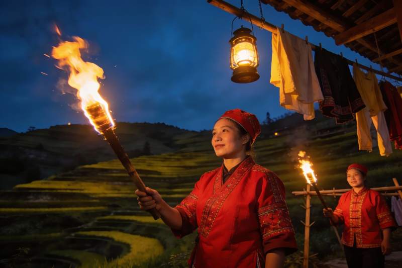 身着红衣女子手持火把夜景图片