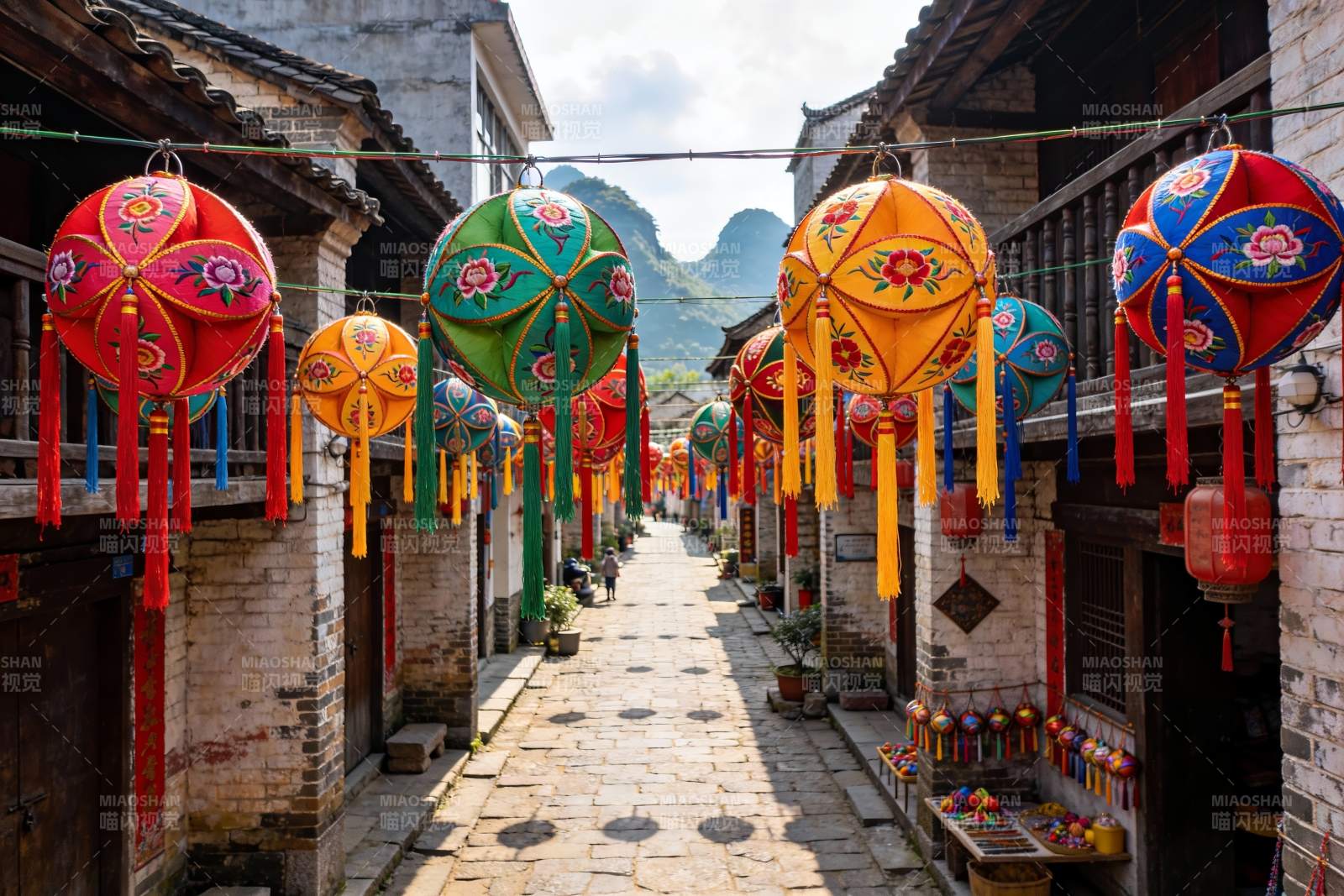 古街挂彩灯图片