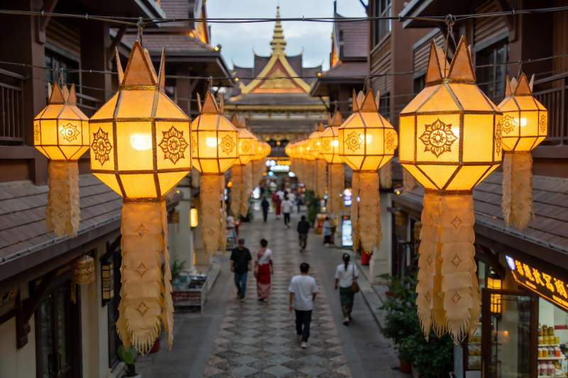 异域风情街灯笼高挂游人漫步图片