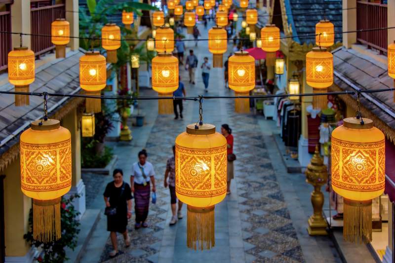 灯笼装饰的热闹市集街道图片