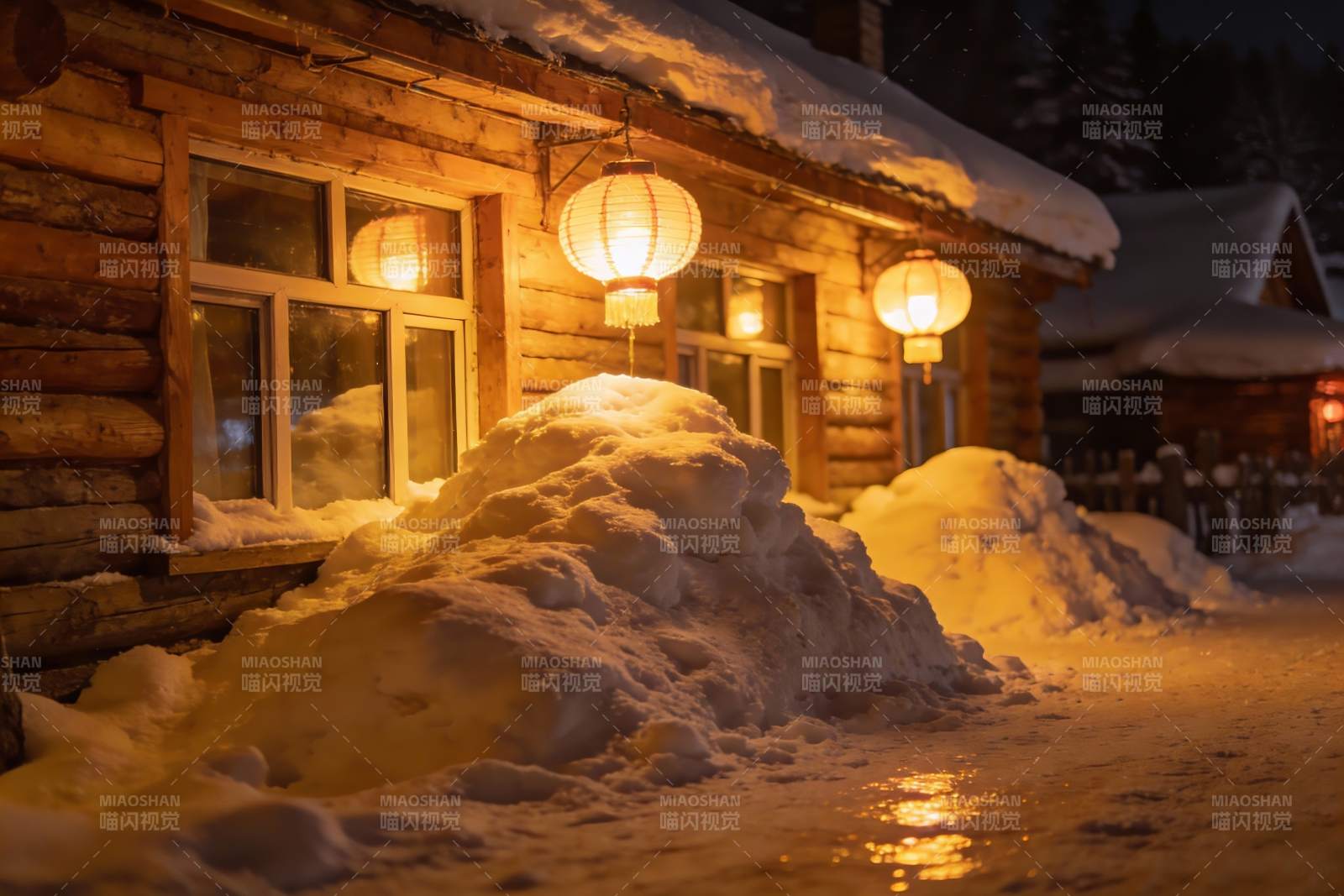 雪夜木屋灯笼暖光图片
